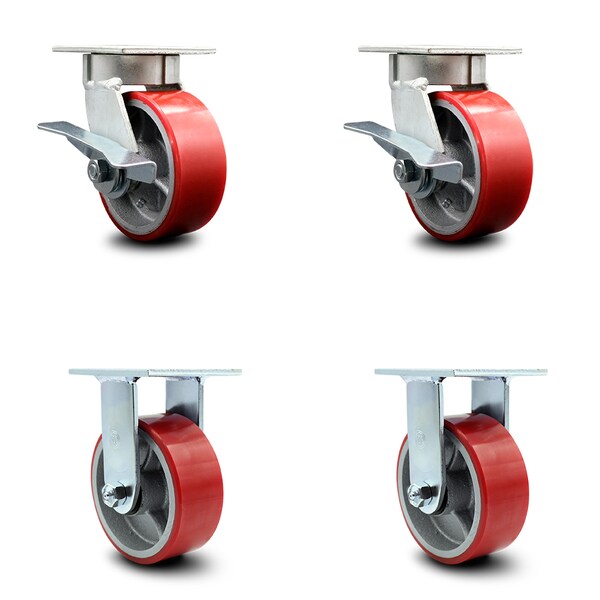 5 Inch Kingpinless Red Poly on Steel Wheel Caster Brakes 2 Rigid SCC, 2PK